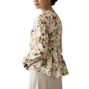 White Floral Botanical Cotton Jacket sz Medium Bustle Back Cottagecore Whimsical